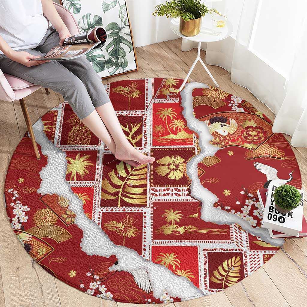Hawaii Japanese Culture Red Round Carpet Spring Cranes Aloha Pattern