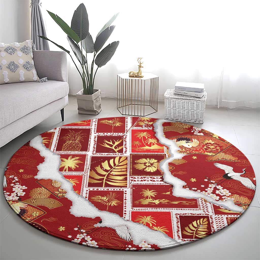 Hawaii Japanese Culture Red Round Carpet Spring Cranes Aloha Pattern