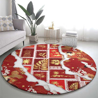 Hawaii Japanese Culture Red Round Carpet Spring Cranes Aloha Pattern