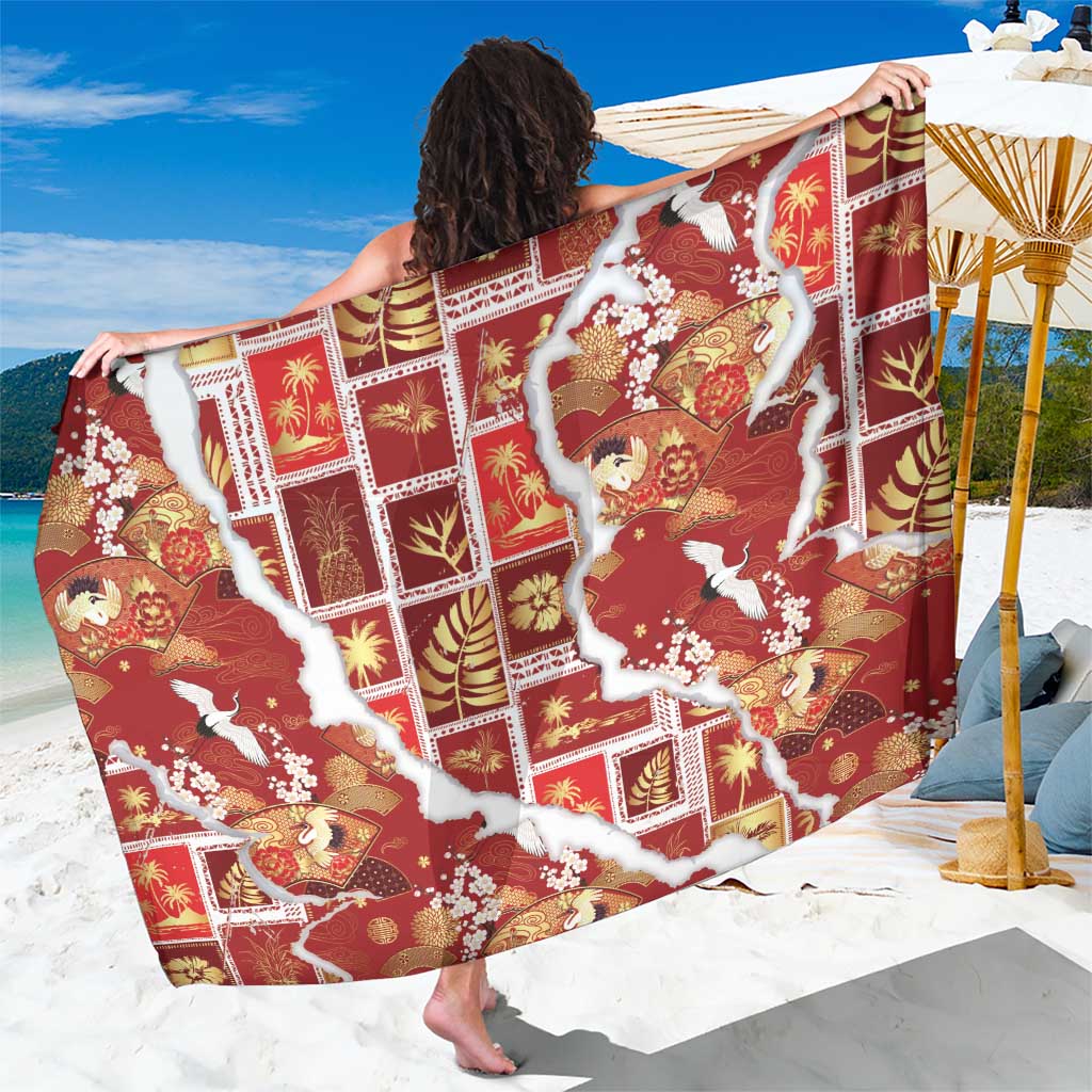 Hawaii Japanese Culture Red Sarong Spring Cranes Aloha Pattern