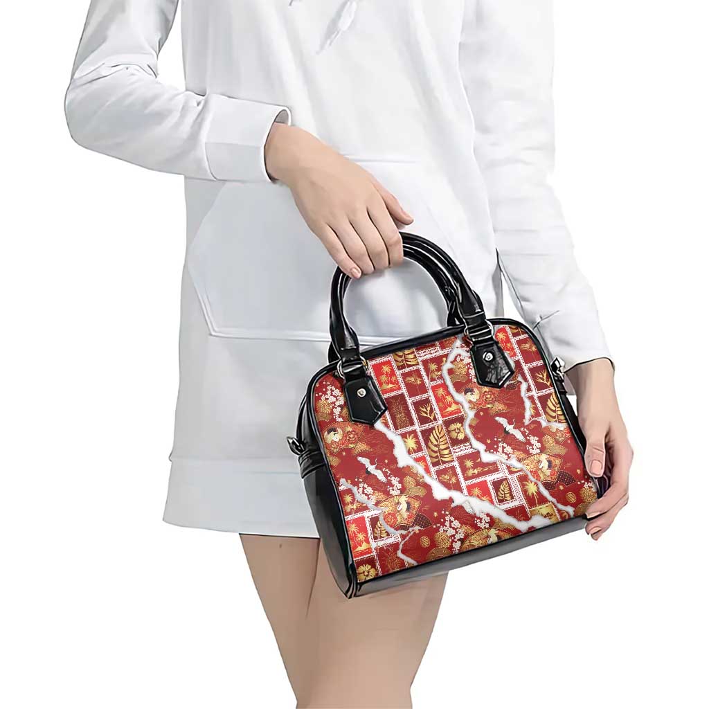 Hawaii Japanese Culture Red Shoulder Handbag Spring Cranes Aloha Pattern