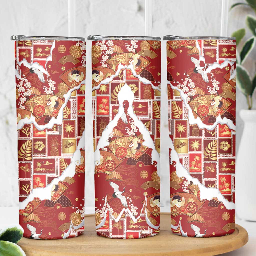 Hawaii Japanese Culture Red Skinny Tumbler Spring Cranes Aloha Pattern