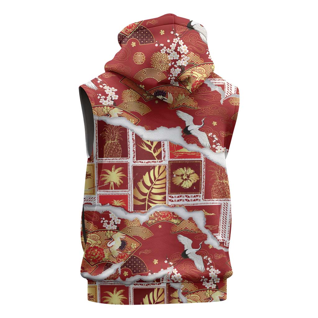 Hawaii Japanese Culture Red Sleeveless Zip Hoodie Spring Cranes Aloha Pattern