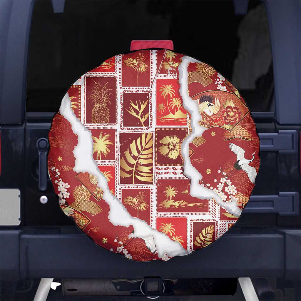 Hawaii Japanese Culture Red Spare Tire Cover Spring Cranes Aloha Pattern