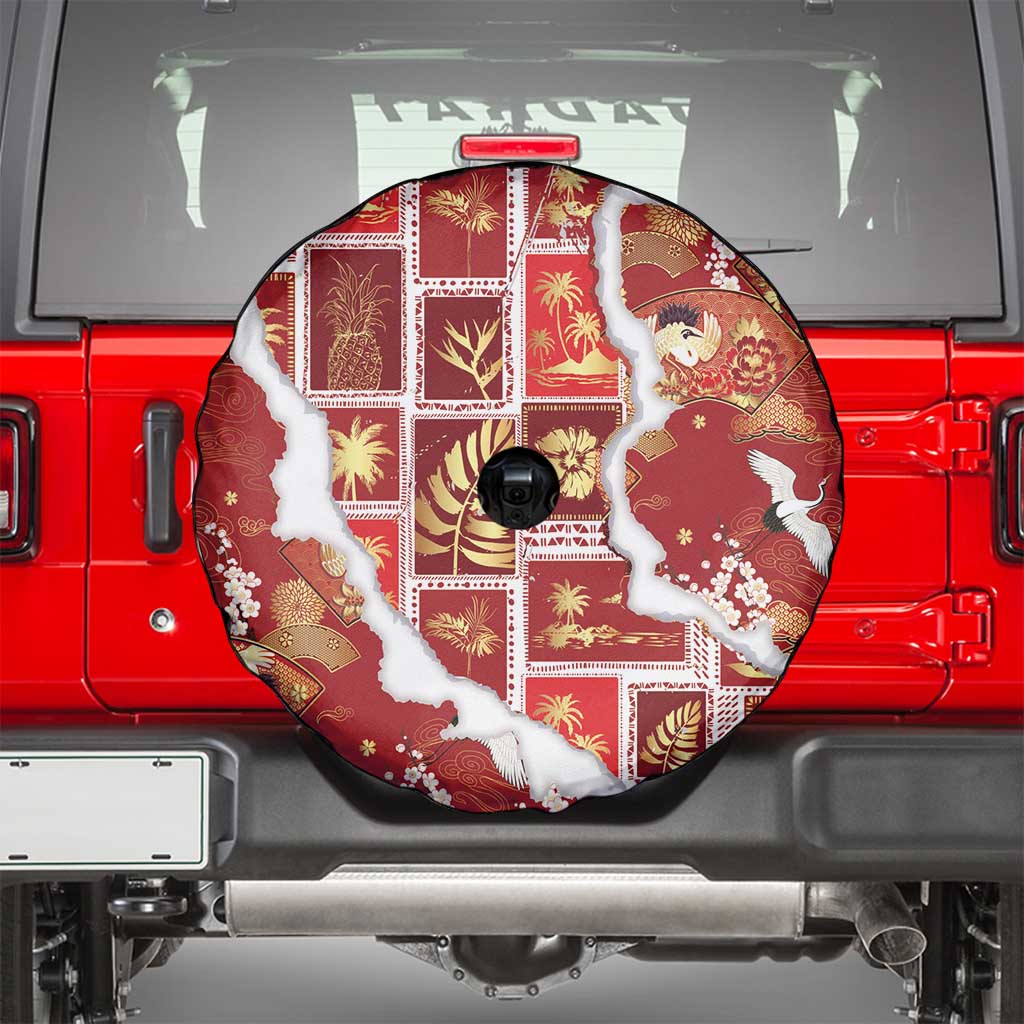 Hawaii Japanese Culture Red Spare Tire Cover Spring Cranes Aloha Pattern