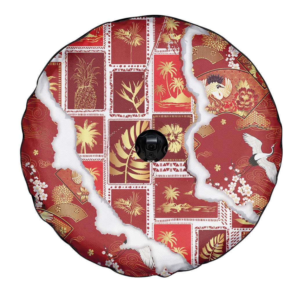 Hawaii Japanese Culture Red Spare Tire Cover Spring Cranes Aloha Pattern
