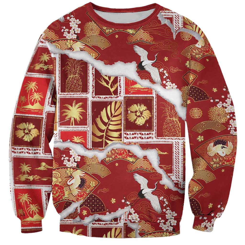Hawaii Japanese Culture Red Sweatshirt Spring Cranes Aloha Pattern