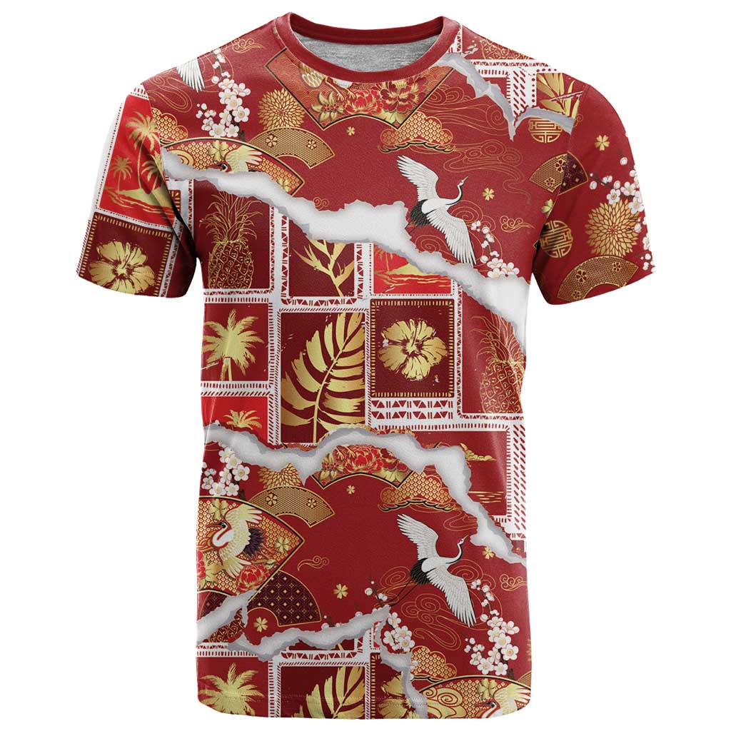 Hawaii Japanese Culture Red T Shirt Spring Cranes Aloha Pattern