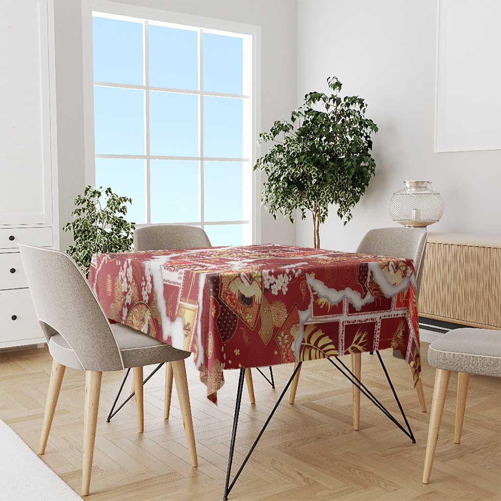 Hawaii Japanese Culture Red Tablecloth Spring Cranes Aloha Pattern