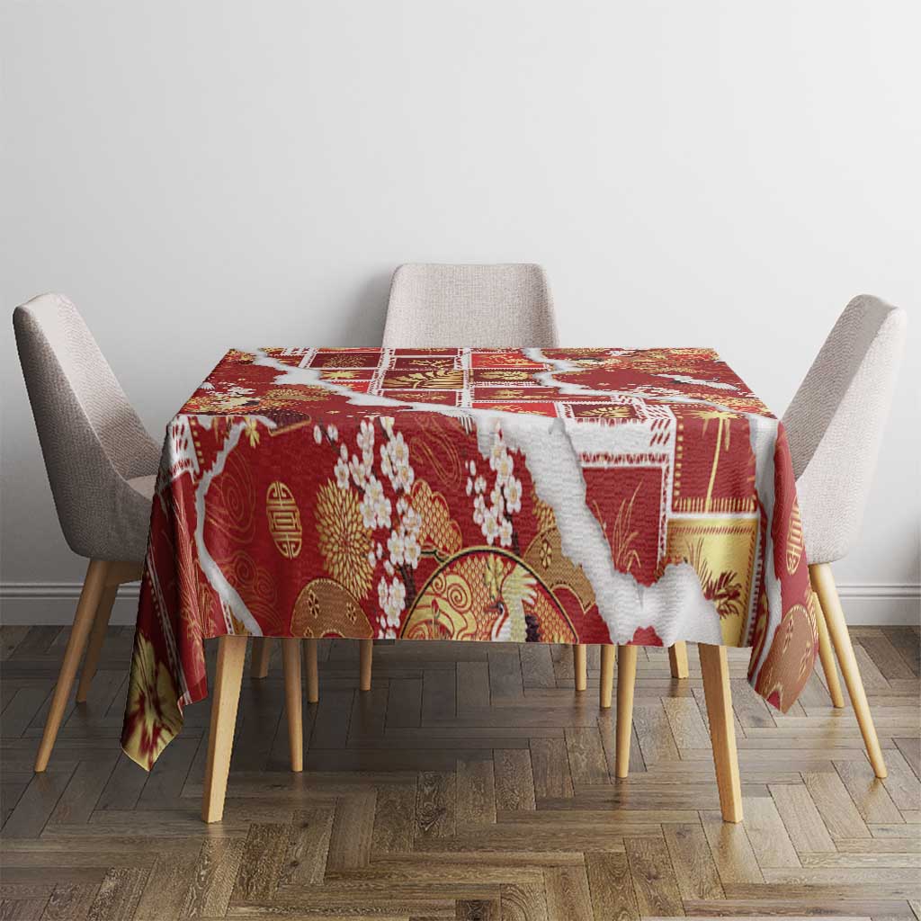 Hawaii Japanese Culture Red Tablecloth Spring Cranes Aloha Pattern