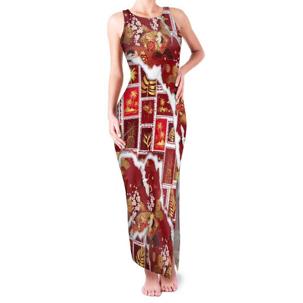 Hawaii Japanese Culture Red Tank Maxi Dress Spring Cranes Aloha Pattern
