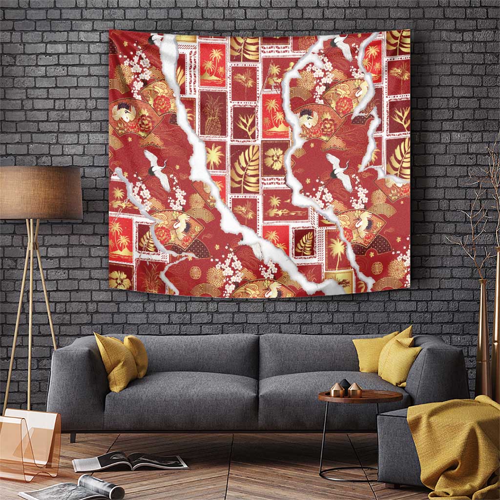 Hawaii Japanese Culture Red Tapestry Spring Cranes Aloha Pattern