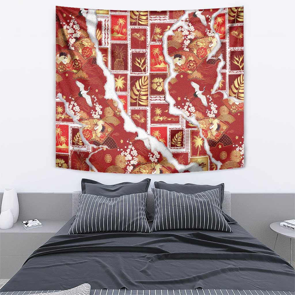 Hawaii Japanese Culture Red Tapestry Spring Cranes Aloha Pattern