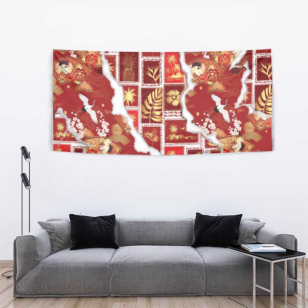 Hawaii Japanese Culture Red Tapestry Spring Cranes Aloha Pattern