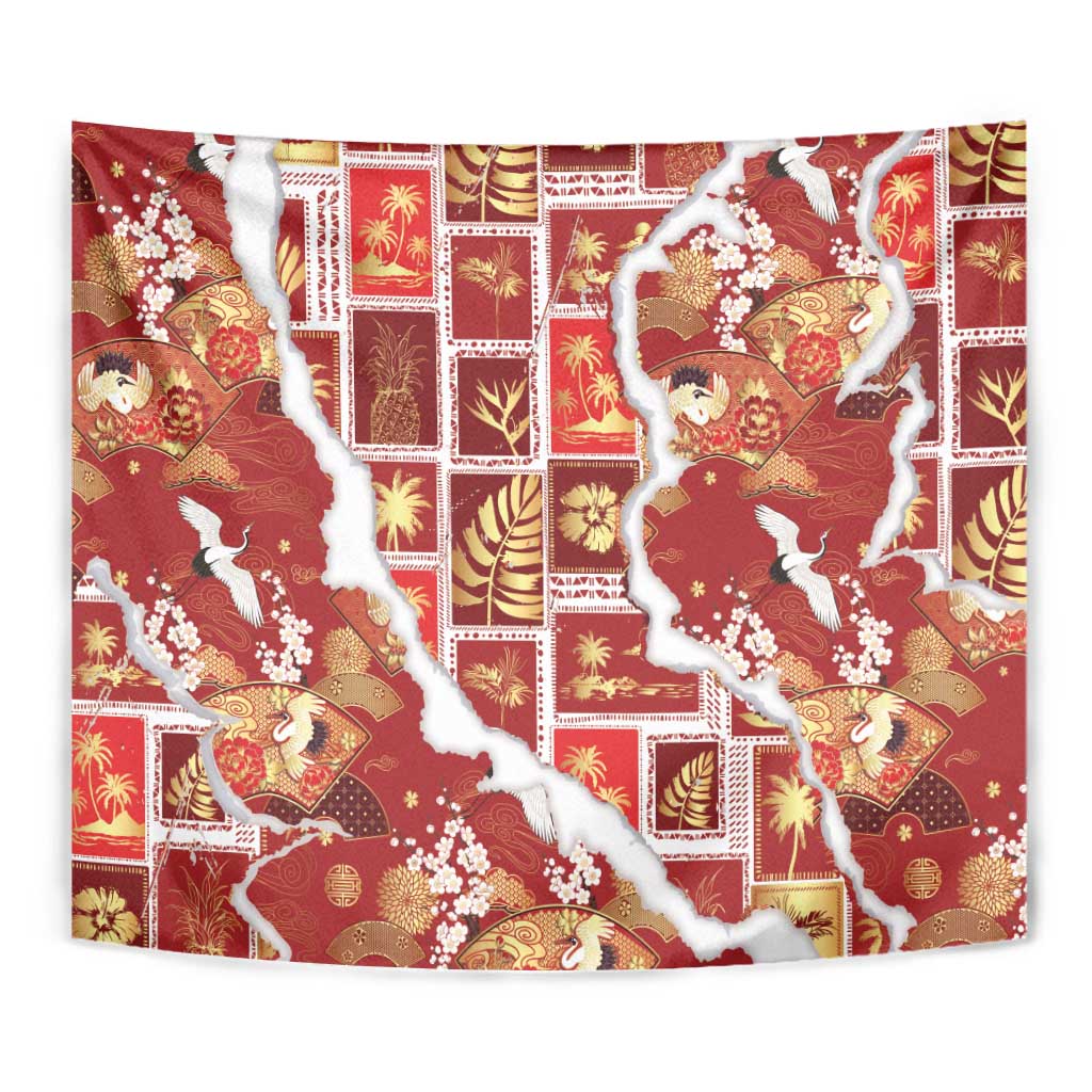 Hawaii Japanese Culture Red Tapestry Spring Cranes Aloha Pattern