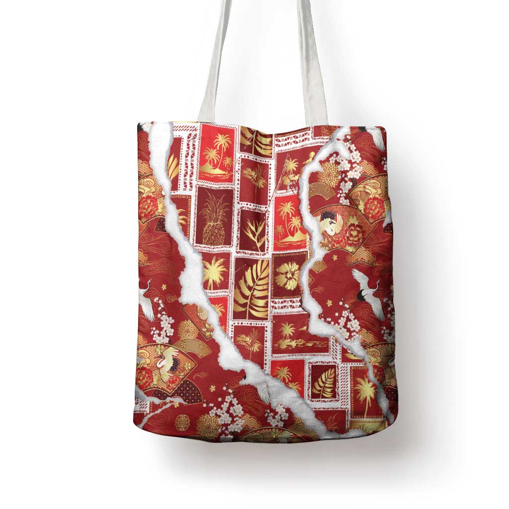 Hawaii Japanese Culture Red Tote Bag Spring Cranes Aloha Pattern