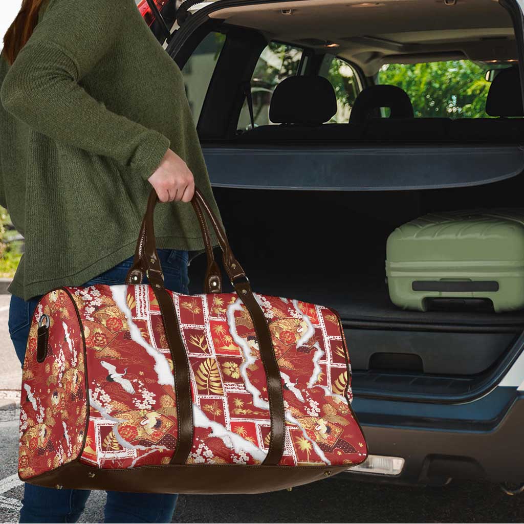 Hawaii Japanese Culture Red Travel Bag Spring Cranes Aloha Pattern