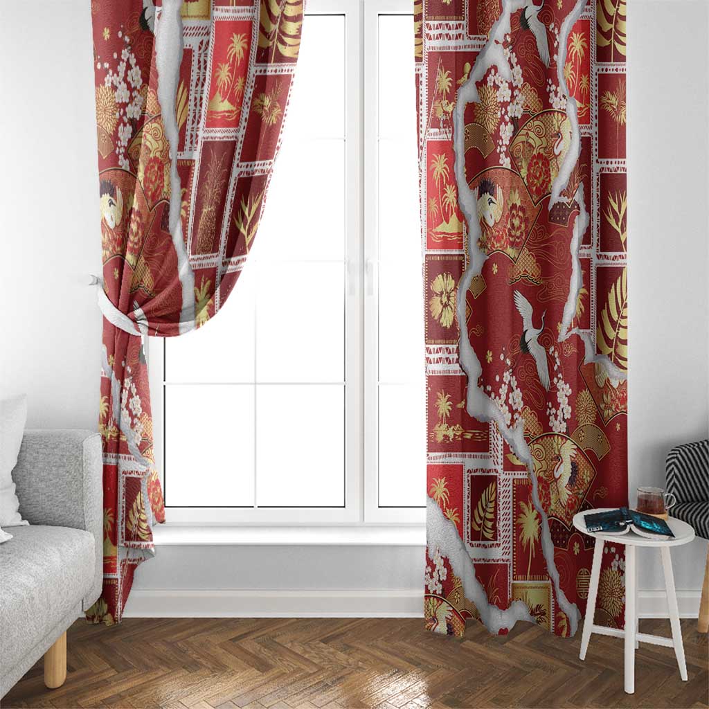 Hawaii Japanese Culture Red Window Curtain Spring Cranes Aloha Pattern