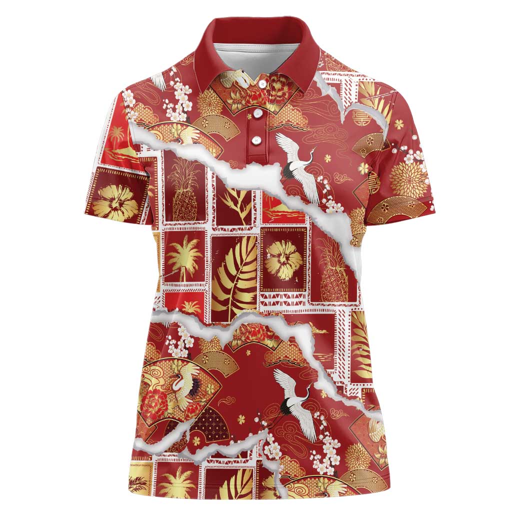 Hawaii Japanese Culture Red Women Polo Shirt Spring Cranes Aloha Pattern