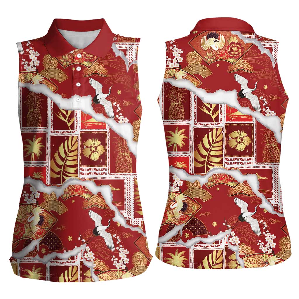 Hawaii Japanese Culture Red Women Sleeveless Polo Shirt Spring Cranes Aloha Pattern
