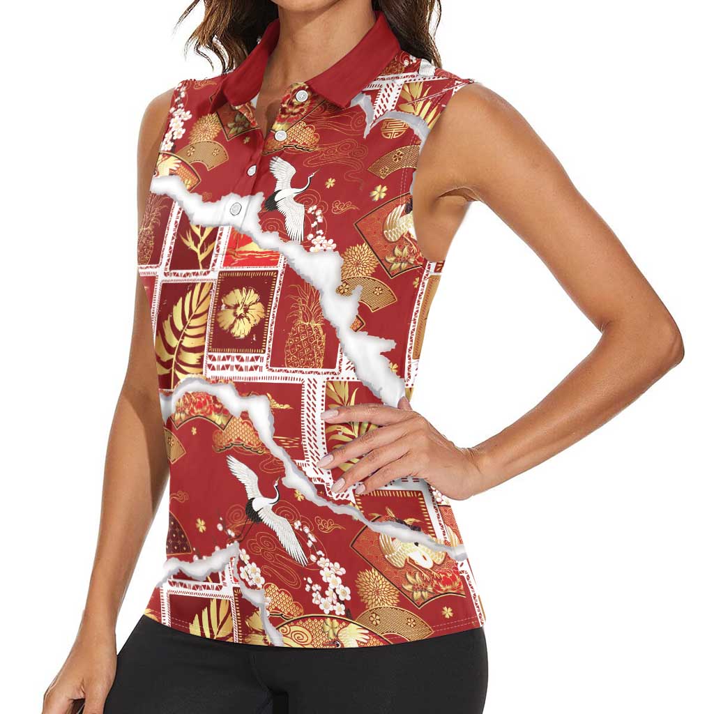 Hawaii Japanese Culture Red Women Sleeveless Polo Shirt Spring Cranes Aloha Pattern