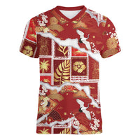 Hawaii Japanese Culture Red Women V-Neck T-Shirt Spring Cranes Aloha Pattern