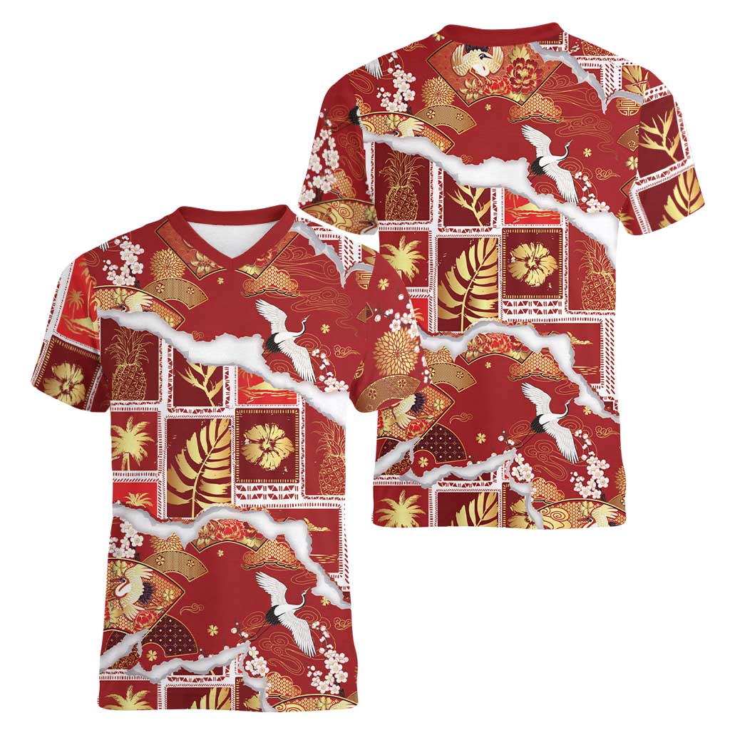 Hawaii Japanese Culture Red Women V-Neck T-Shirt Spring Cranes Aloha Pattern