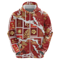 Hawaii Japanese Culture Red Zip Hoodie Spring Cranes Aloha Pattern