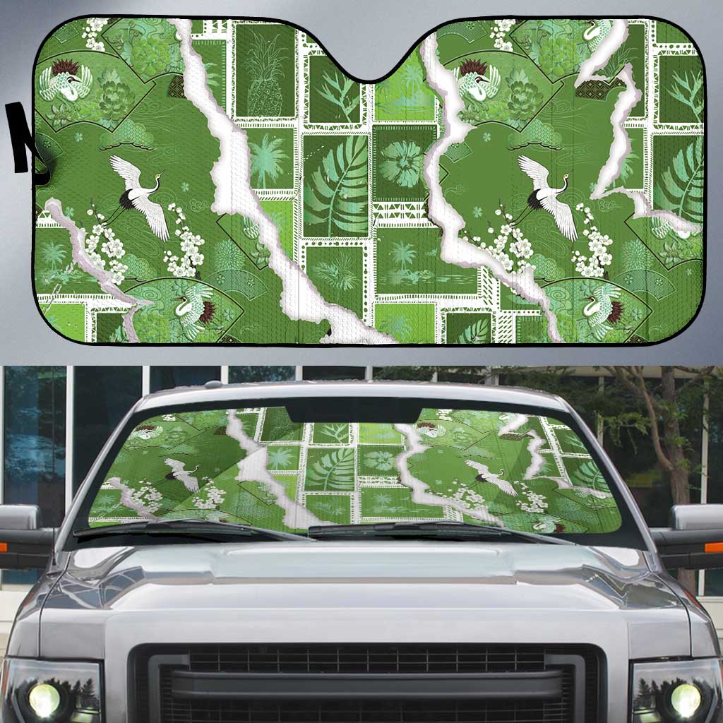 Hawaii Japanese Culture Sage Green Auto Sun Shade Spring Cranes Aloha Pattern