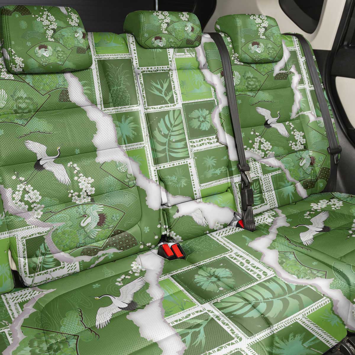 Hawaii Japanese Culture Sage Green Back Car Seat Cover Spring Cranes Aloha Pattern
