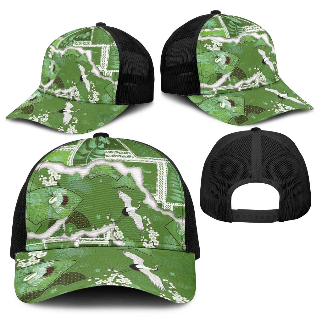 Hawaii Japanese Culture Sage Green Baseball Net Cap Spring Cranes Aloha Pattern