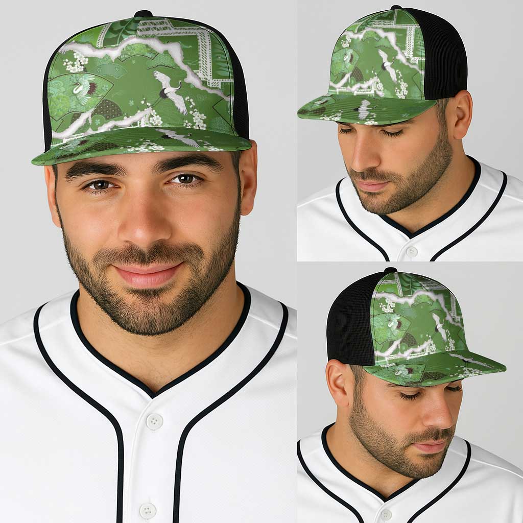 Hawaii Japanese Culture Sage Green Baseball Net Cap Spring Cranes Aloha Pattern