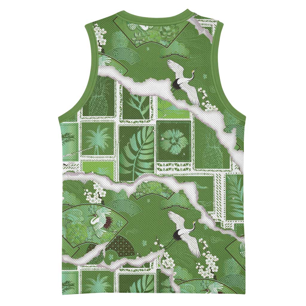 Hawaii Japanese Culture Sage Green Basketball Jersey Spring Cranes Aloha Pattern LT01 - Polynesian Pride
