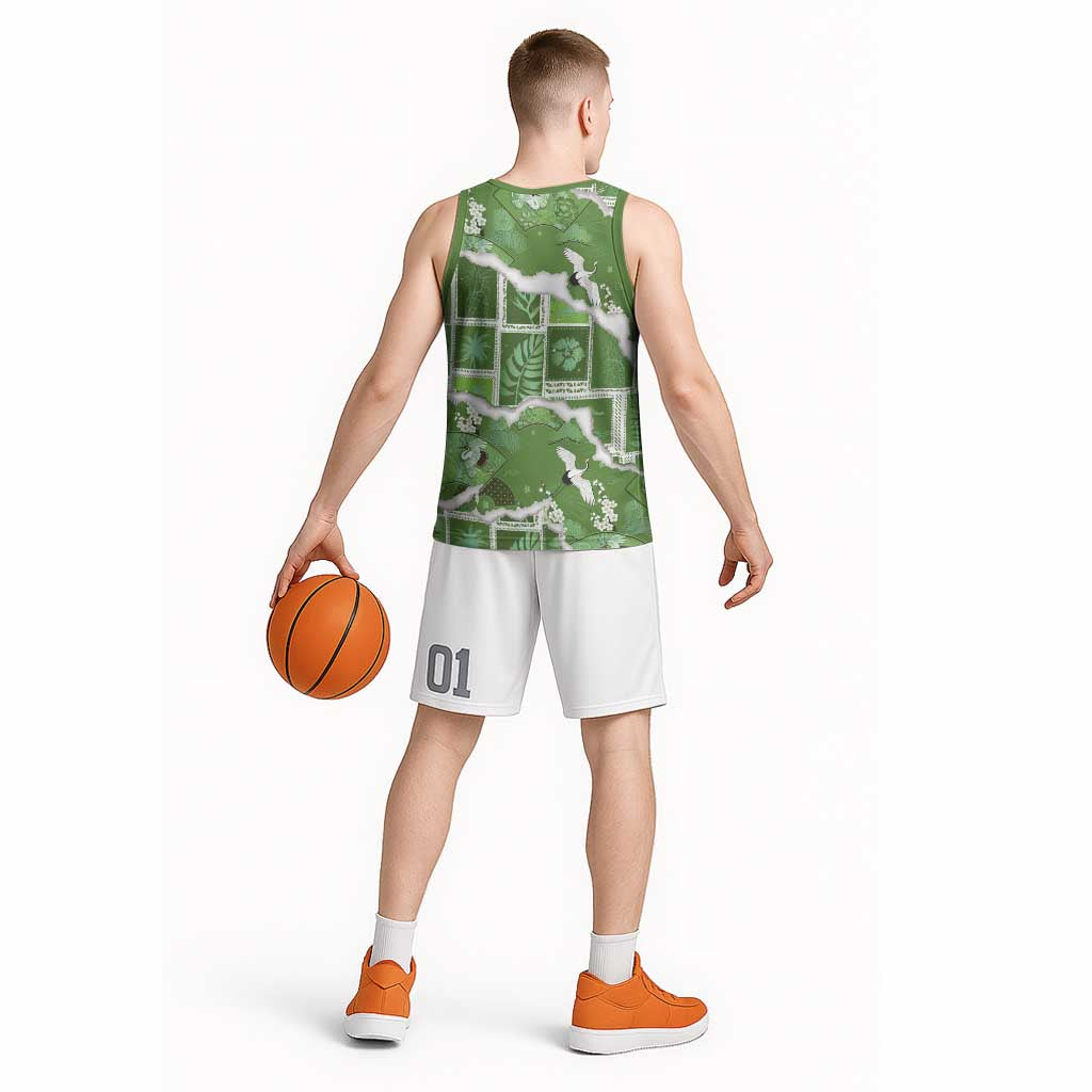 Hawaii Japanese Culture Sage Green Basketball Jersey Spring Cranes Aloha Pattern LT01 - Polynesian Pride