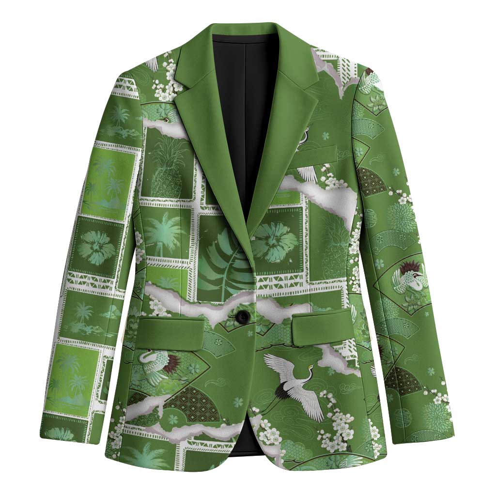 Hawaii Japanese Culture Sage Green Blazer Spring Cranes Aloha Pattern