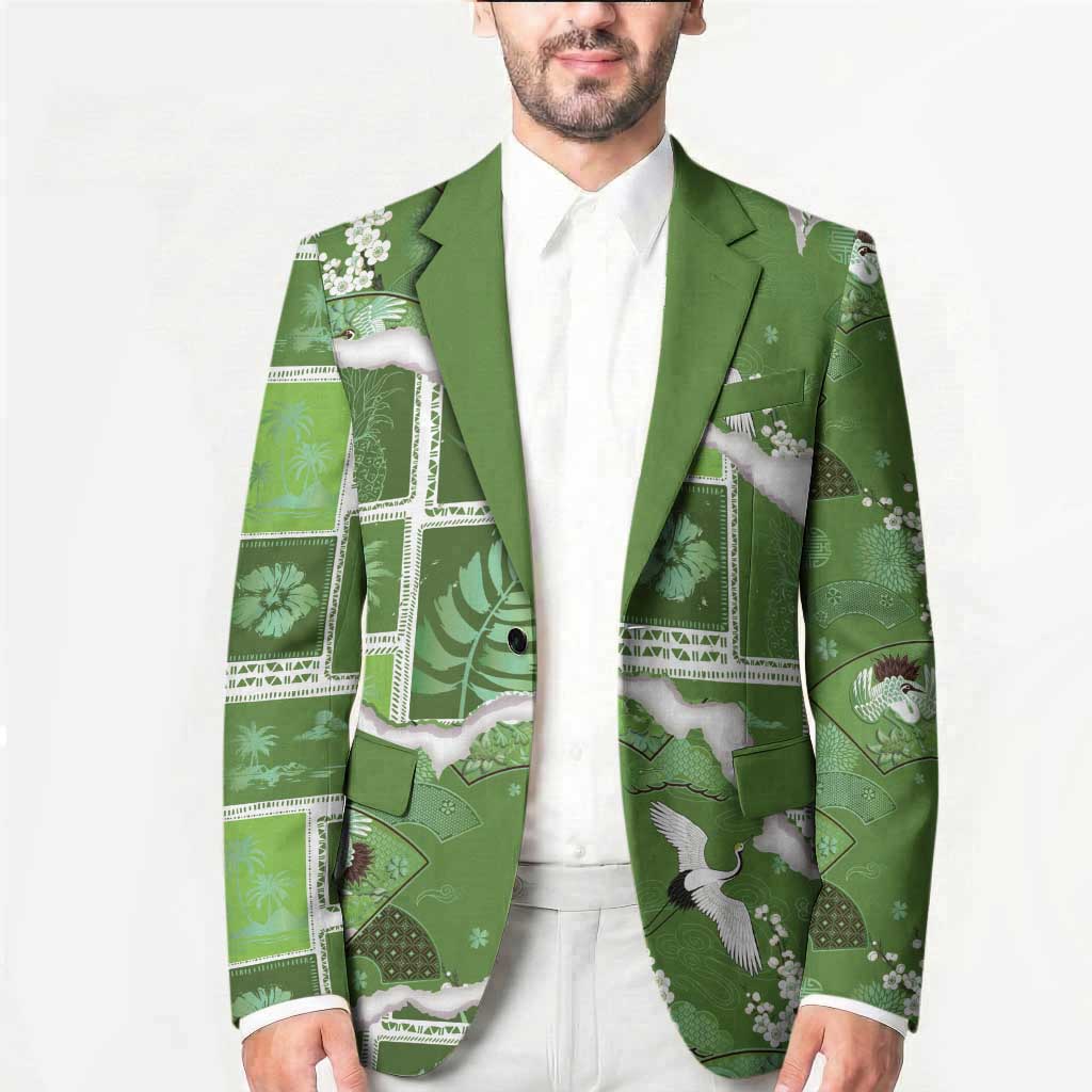 Hawaii Japanese Culture Sage Green Blazer Spring Cranes Aloha Pattern