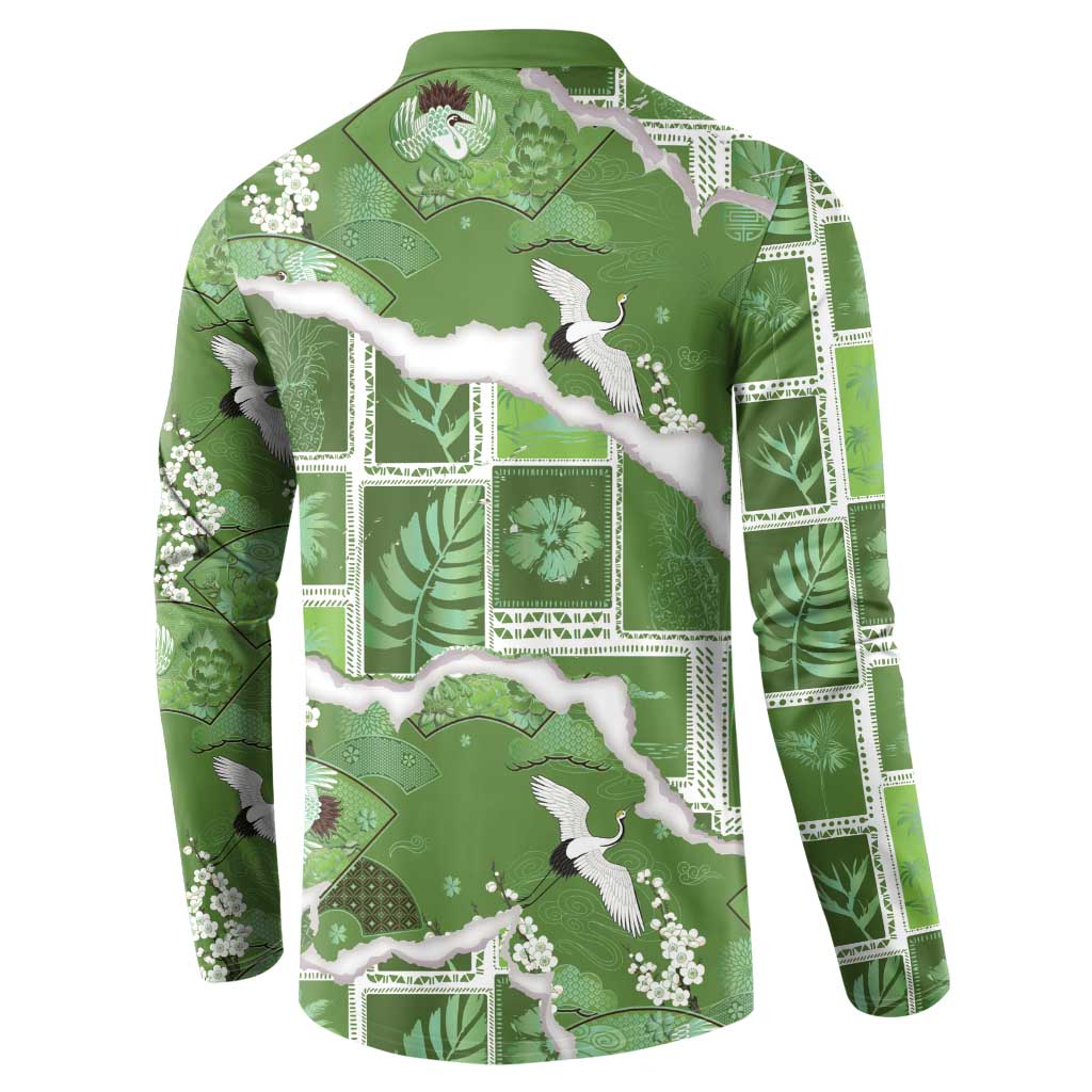 Hawaii Japanese Culture Sage Green Button Sweatshirt Spring Cranes Aloha Pattern