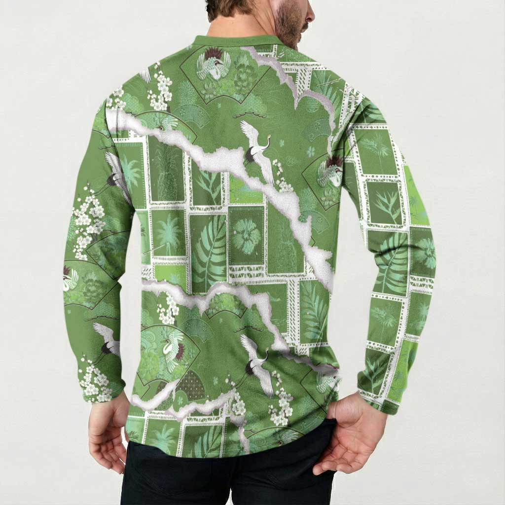Hawaii Japanese Culture Sage Green Button Sweatshirt Spring Cranes Aloha Pattern