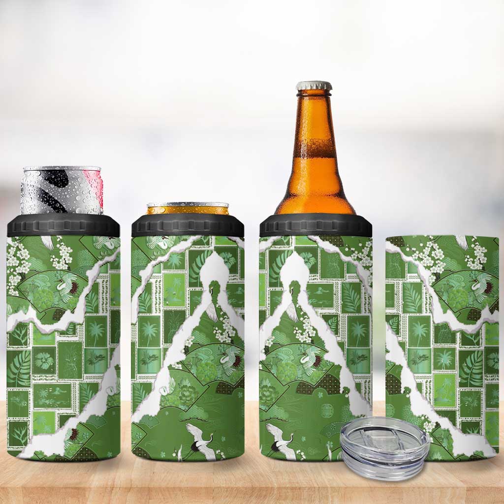 Hawaii Japanese Culture Sage Green 4 in 1 Can Cooler Tumbler Spring Cranes Aloha Pattern
