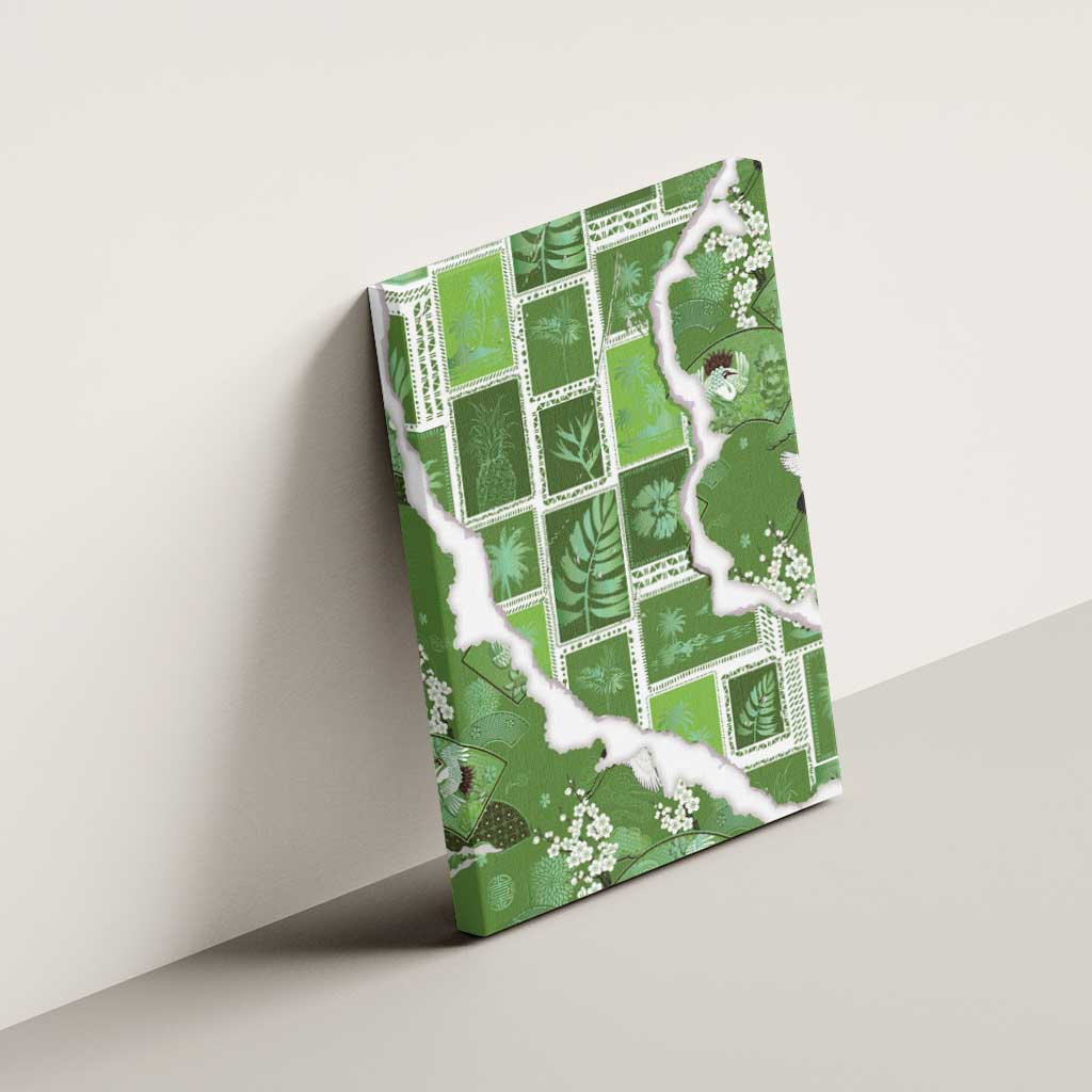 Hawaii Japanese Culture Sage Green Canvas Wall Art Spring Cranes Aloha Pattern