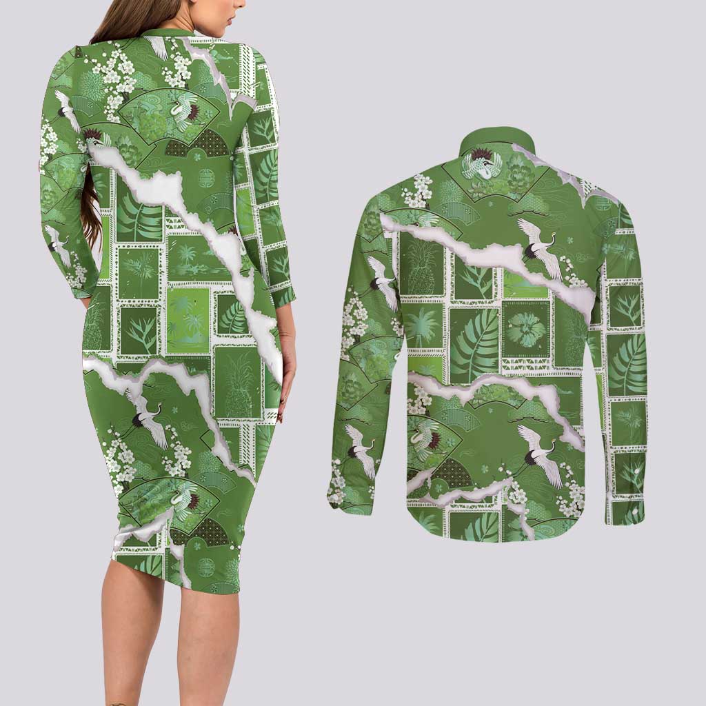 Hawaii Japanese Culture Sage Green Couples Matching Long Sleeve Bodycon Dress and Long Sleeve Button Shirt Spring Cranes Aloha Pattern