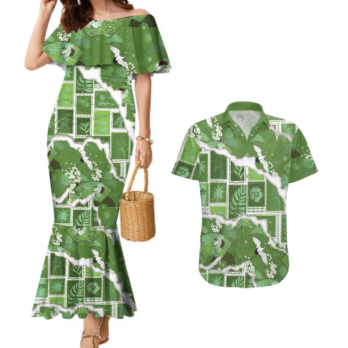 Hawaii Japanese Culture Sage Green Couples Matching Mermaid Dress and Hawaiian Shirt Spring Cranes Aloha Pattern