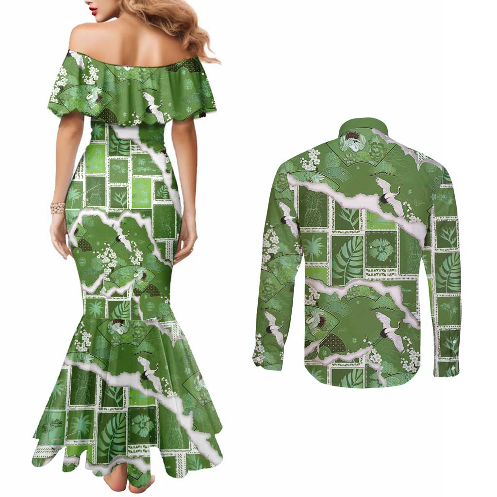 Hawaii Japanese Culture Sage Green Couples Matching Mermaid Dress and Long Sleeve Button Shirt Spring Cranes Aloha Pattern