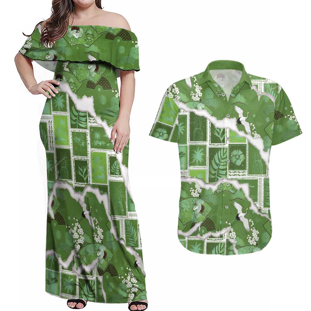 Hawaii Japanese Culture Sage Green Couples Matching Off Shoulder Maxi Dress and Hawaiian Shirt Spring Cranes Aloha Pattern