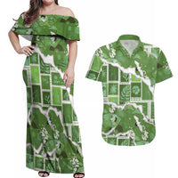 Hawaii Japanese Culture Sage Green Couples Matching Off Shoulder Maxi Dress and Hawaiian Shirt Spring Cranes Aloha Pattern