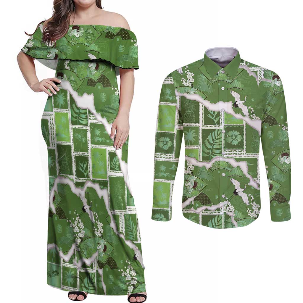 Hawaii Japanese Culture Sage Green Couples Matching Off Shoulder Maxi Dress and Long Sleeve Button Shirt Spring Cranes Aloha Pattern LT01 Sage - Polynesian Pride