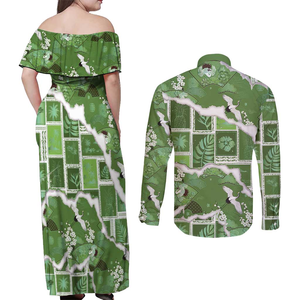 Hawaii Japanese Culture Sage Green Couples Matching Off Shoulder Maxi Dress and Long Sleeve Button Shirt Spring Cranes Aloha Pattern LT01 - Polynesian Pride