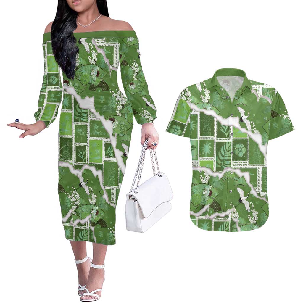 Hawaii Japanese Culture Sage Green Couples Matching Off The Shoulder Long Sleeve Dress and Hawaiian Shirt Spring Cranes Aloha Pattern