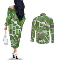 Hawaii Japanese Culture Sage Green Couples Matching Off The Shoulder Long Sleeve Dress and Long Sleeve Button Shirt Spring Cranes Aloha Pattern