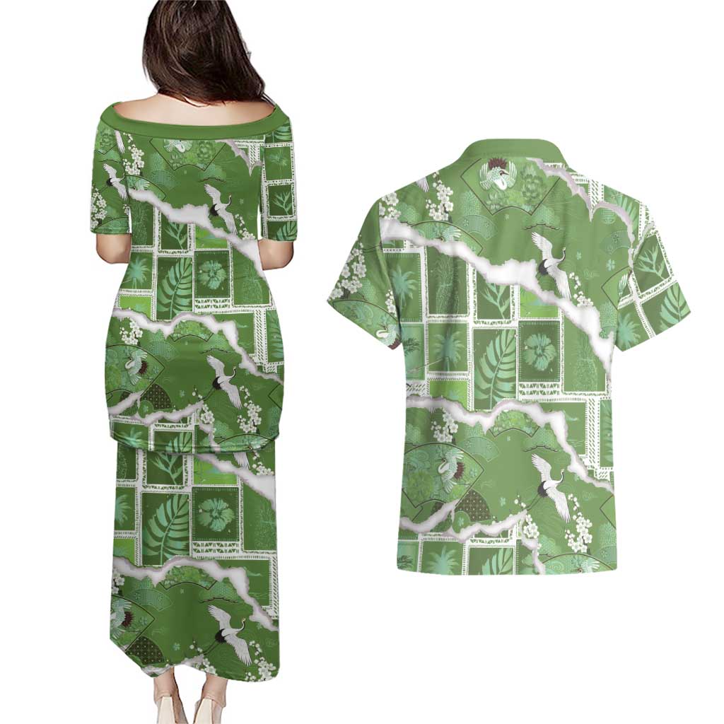 Hawaii Japanese Culture Sage Green Couples Matching Puletasi and Hawaiian Shirt Spring Cranes Aloha Pattern